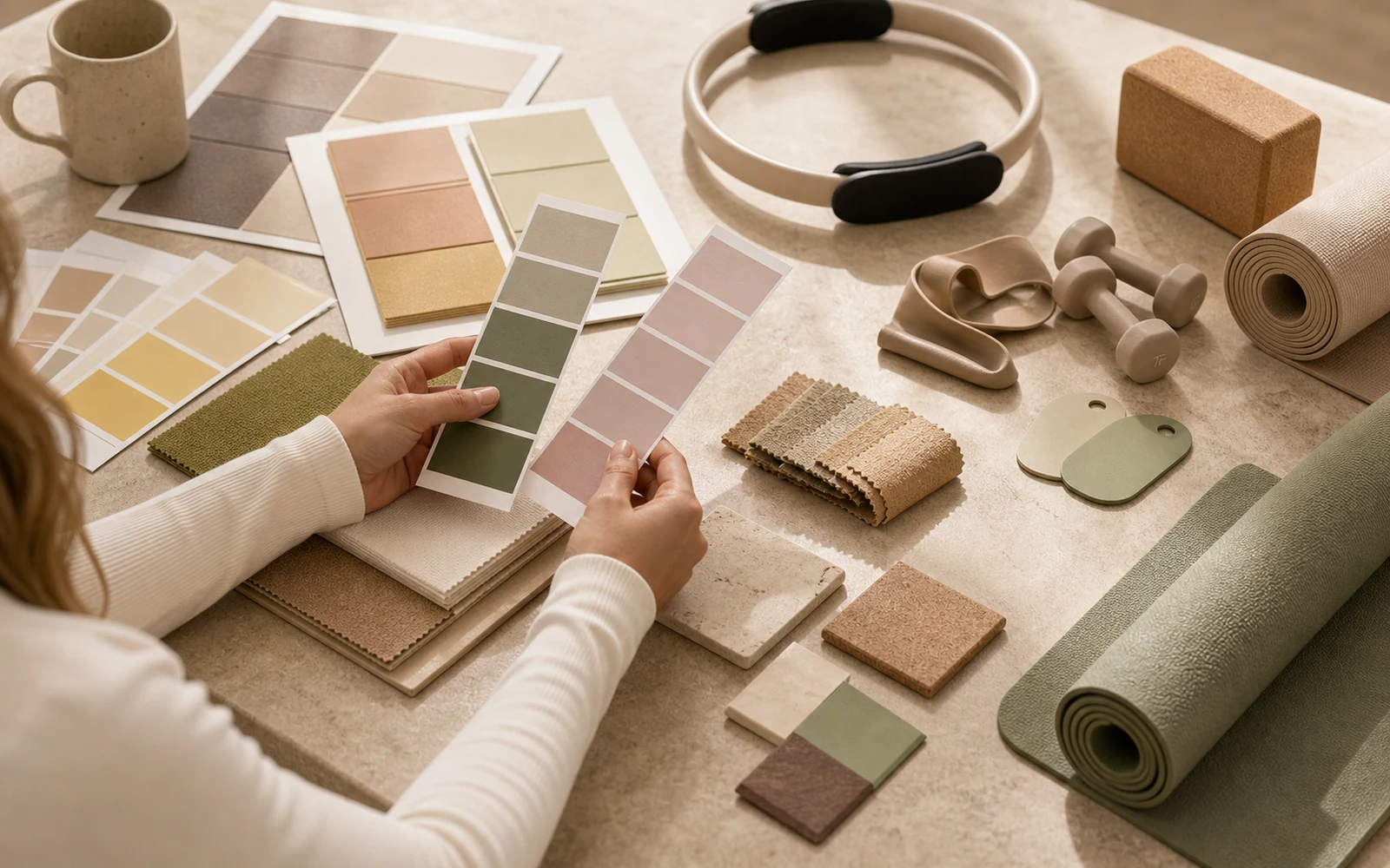 Pantone color cards, material swatches, and fitness samples reviewed on a development table