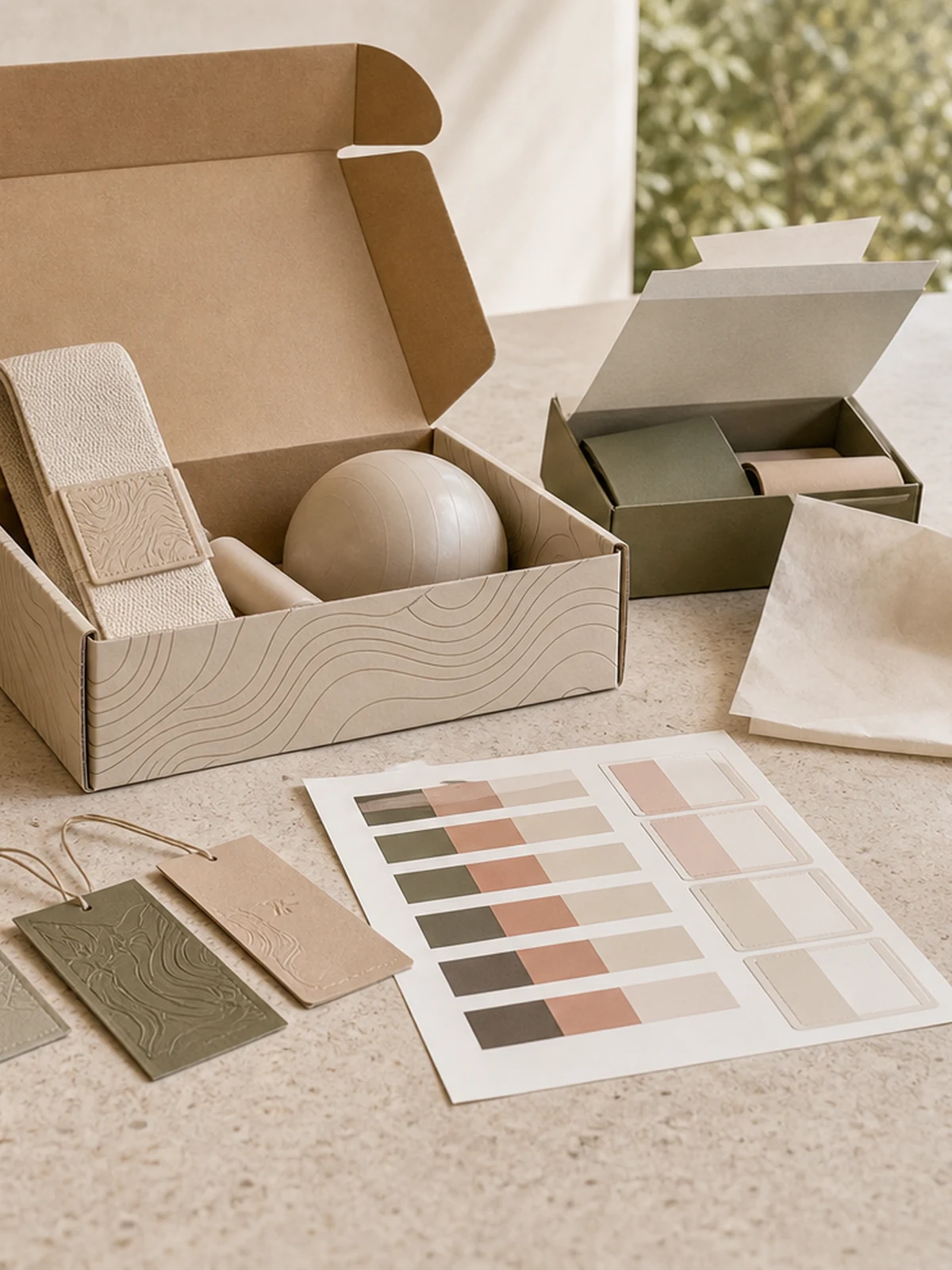 Packaging samples, product boxes, color references, and material tags arranged for custom product development