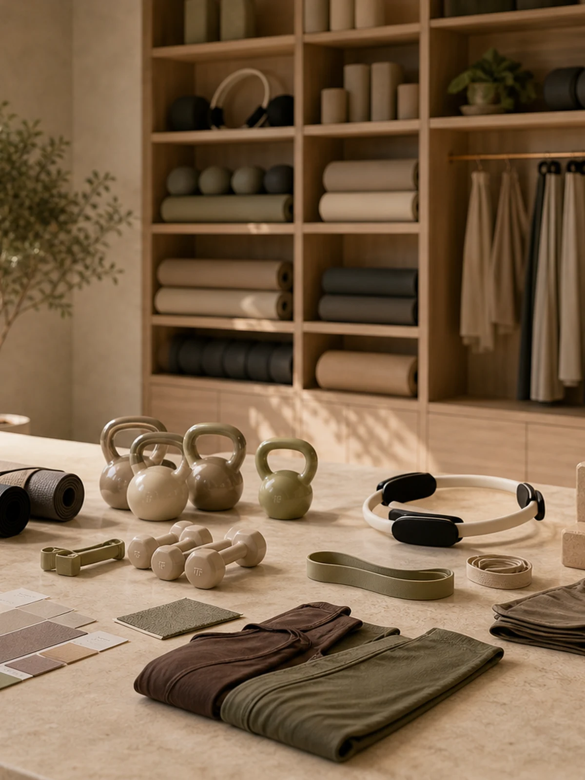 Premium sample room with coordinated fitness products, color swatches, and apparel samples