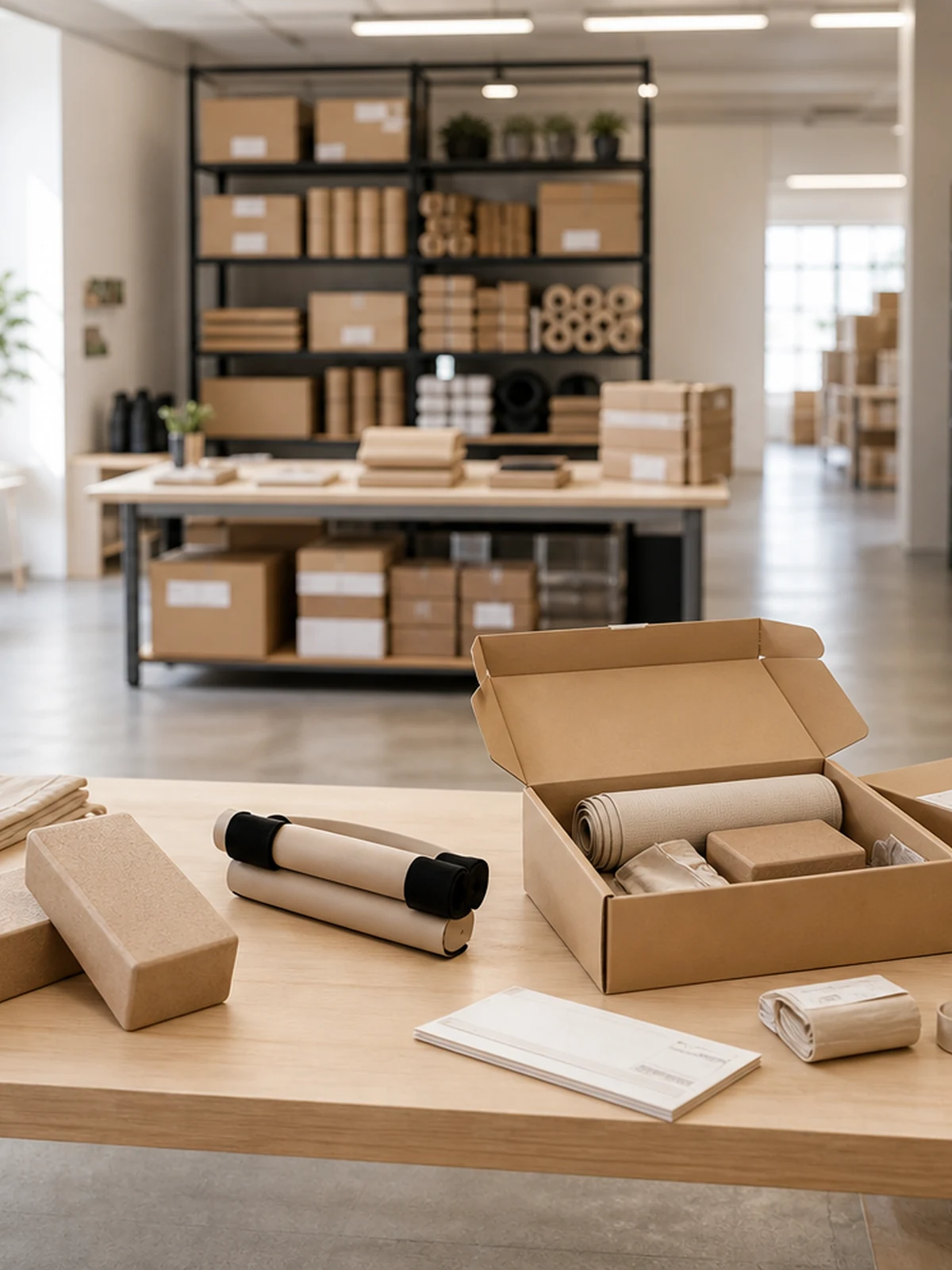 Organized warehouse packaging area with cartons, packing table, and prepared wellness products