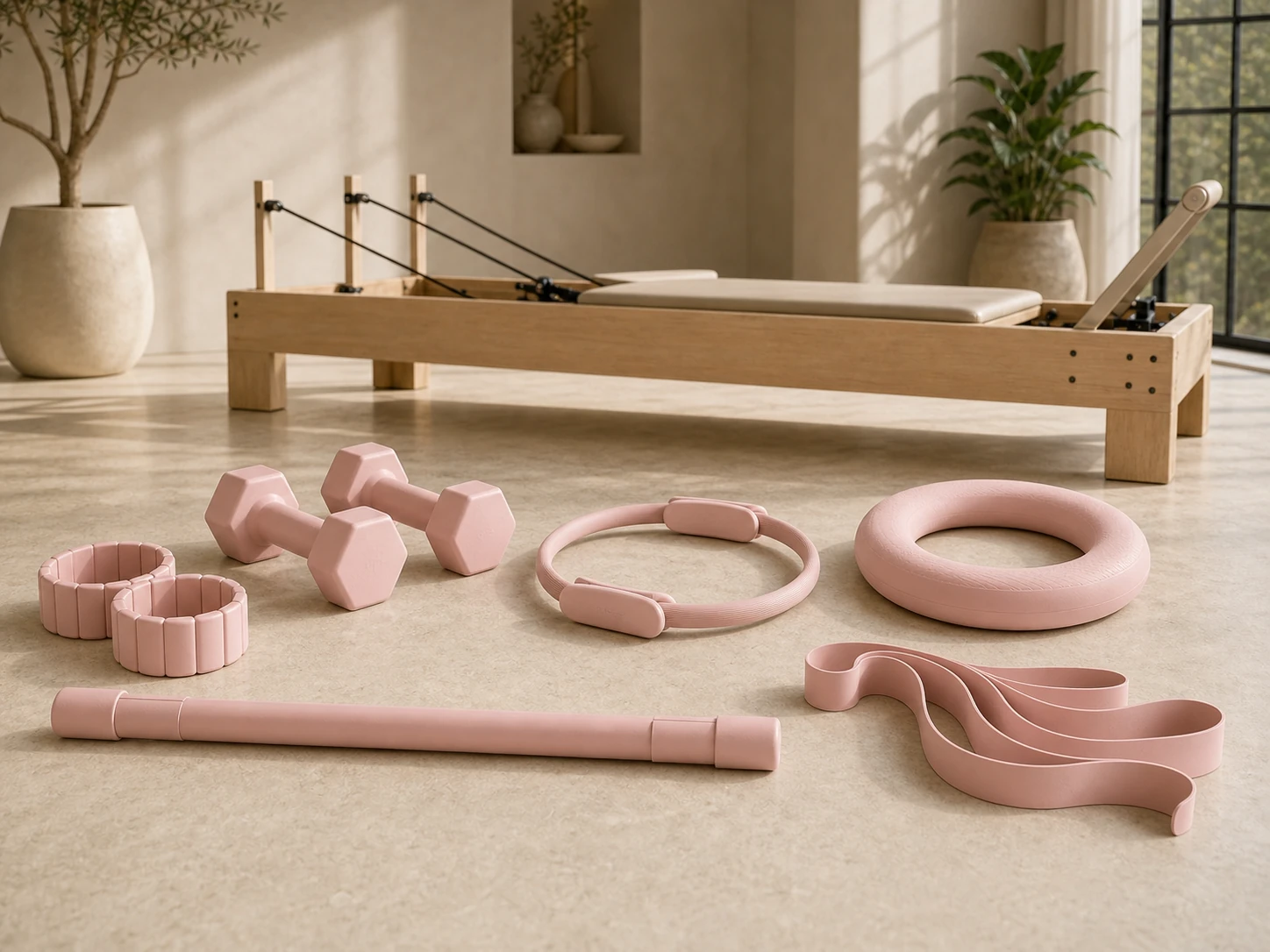 Six blush silicone fitness product categories arranged together inside a premium Pilates studio.