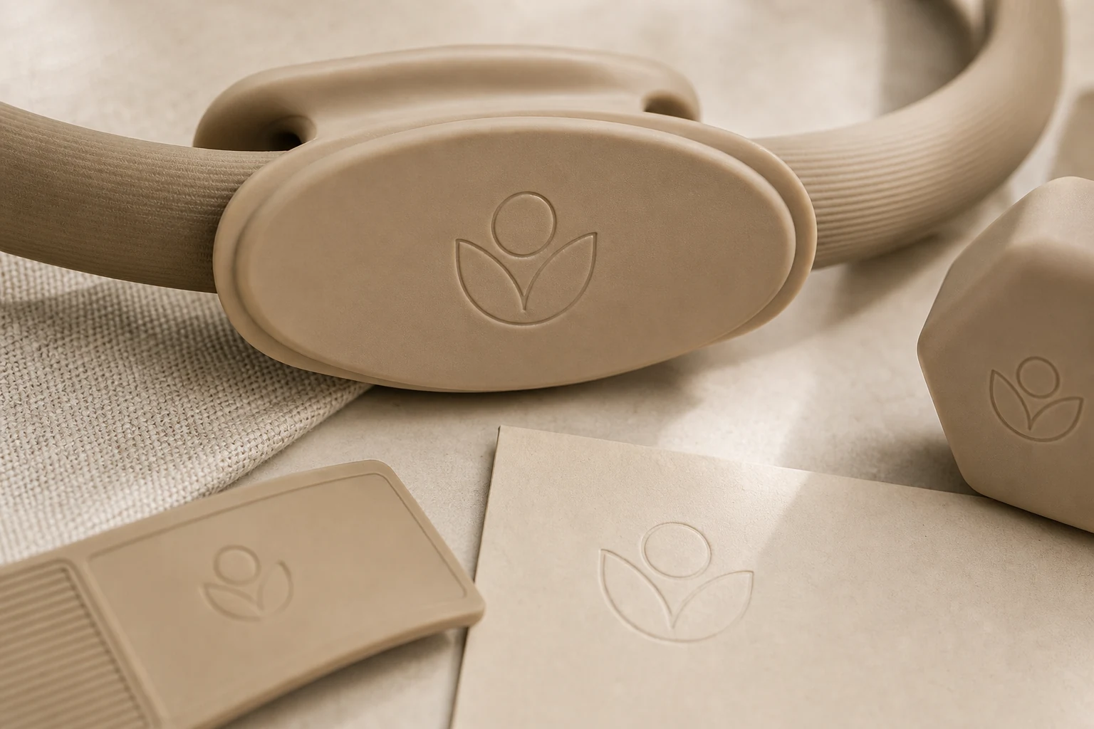 Close-up of refined debossed logo details on soft-touch fitness accessories