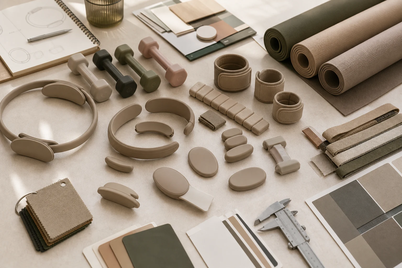 Professional development table with silicone fitness accessory samples, swatches and measuring tools.