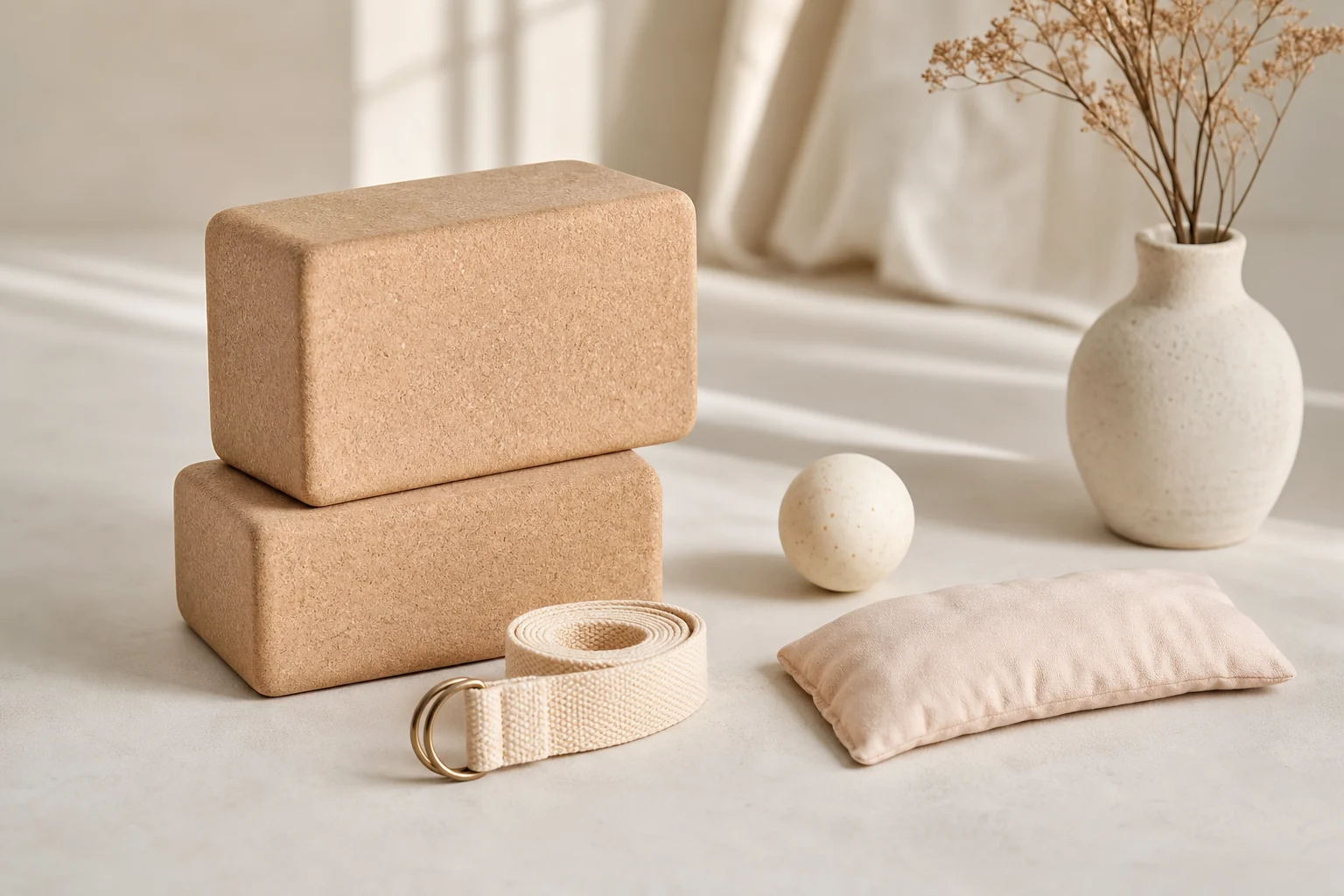 Yoga blocks and practice accessories in a refined studio setting.