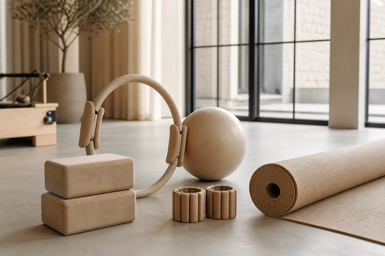 Beige Pilates ball styled in a premium studio environment.