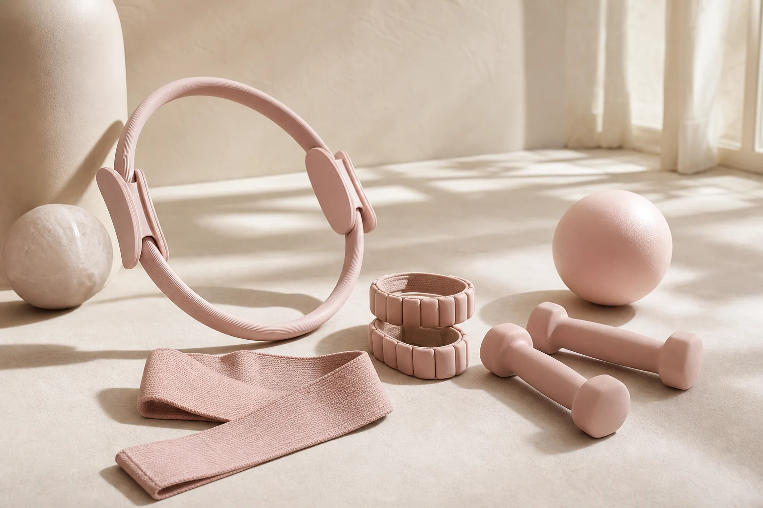 Blush fitness collection shown in a premium lifestyle setting.