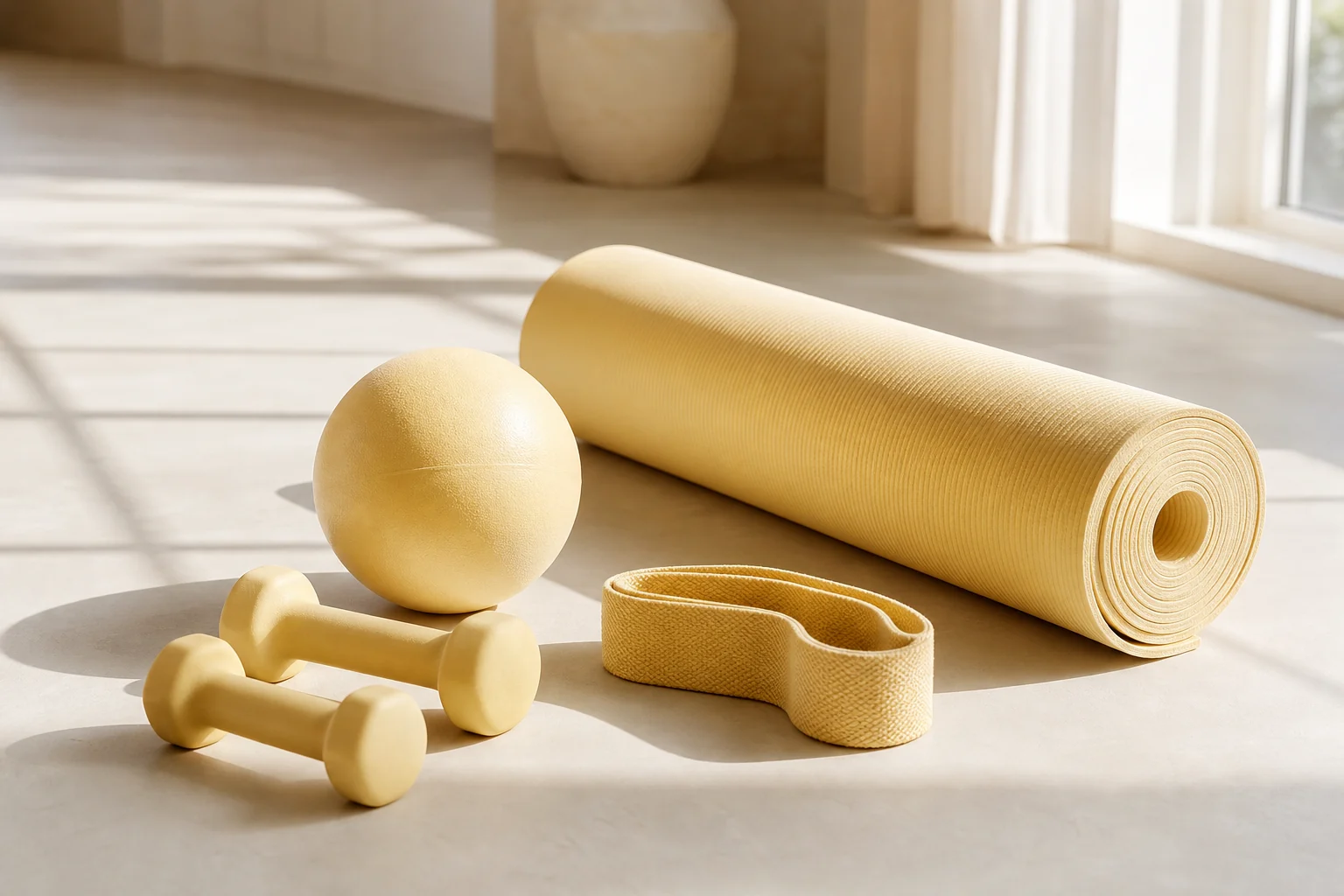 Butter yellow yoga mat in a refined wellness setting.