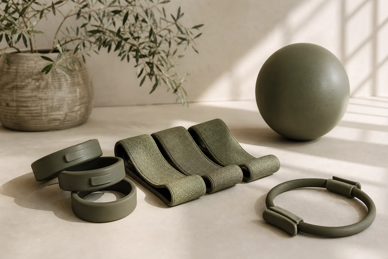 Olive green weighted bangles in a refined training setting.
