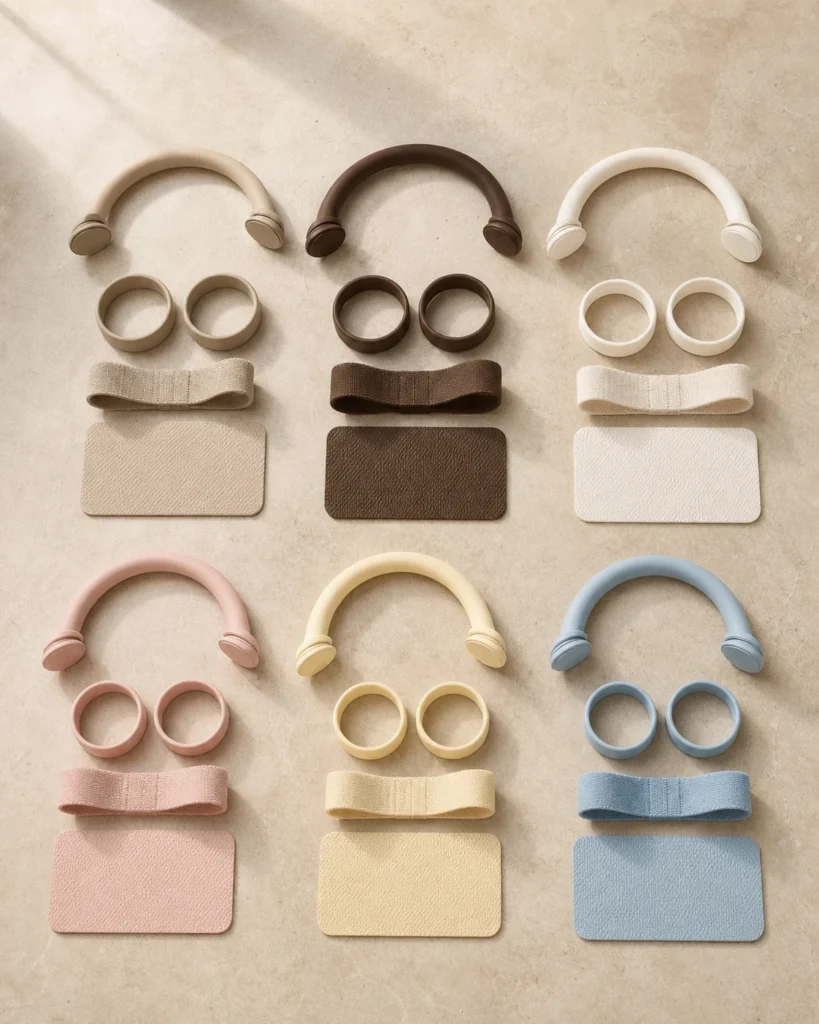 Beige, brown, creamy white, blush, butter yellow and butter blue customization options.