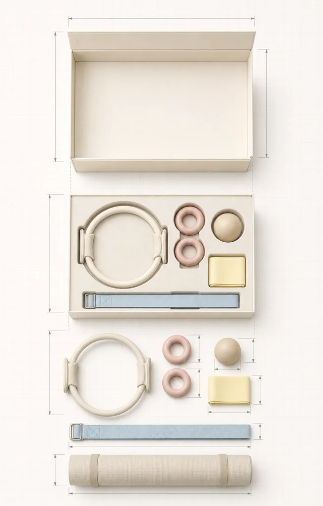 Top-down structure reference showing the gift box, fitted insert and individual fitness accessories.