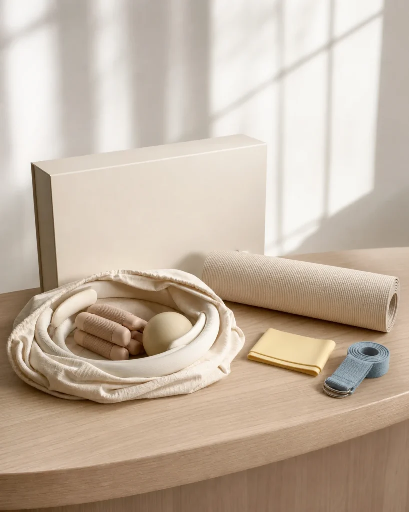 Studio Ritual Gift Set arranged with its cotton pouch and coordinated accessories in natural window light.