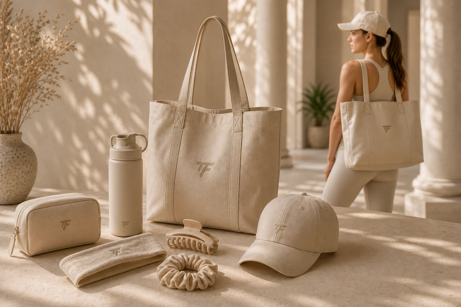 Premium fitness accessories arranged in a refined studio setting.