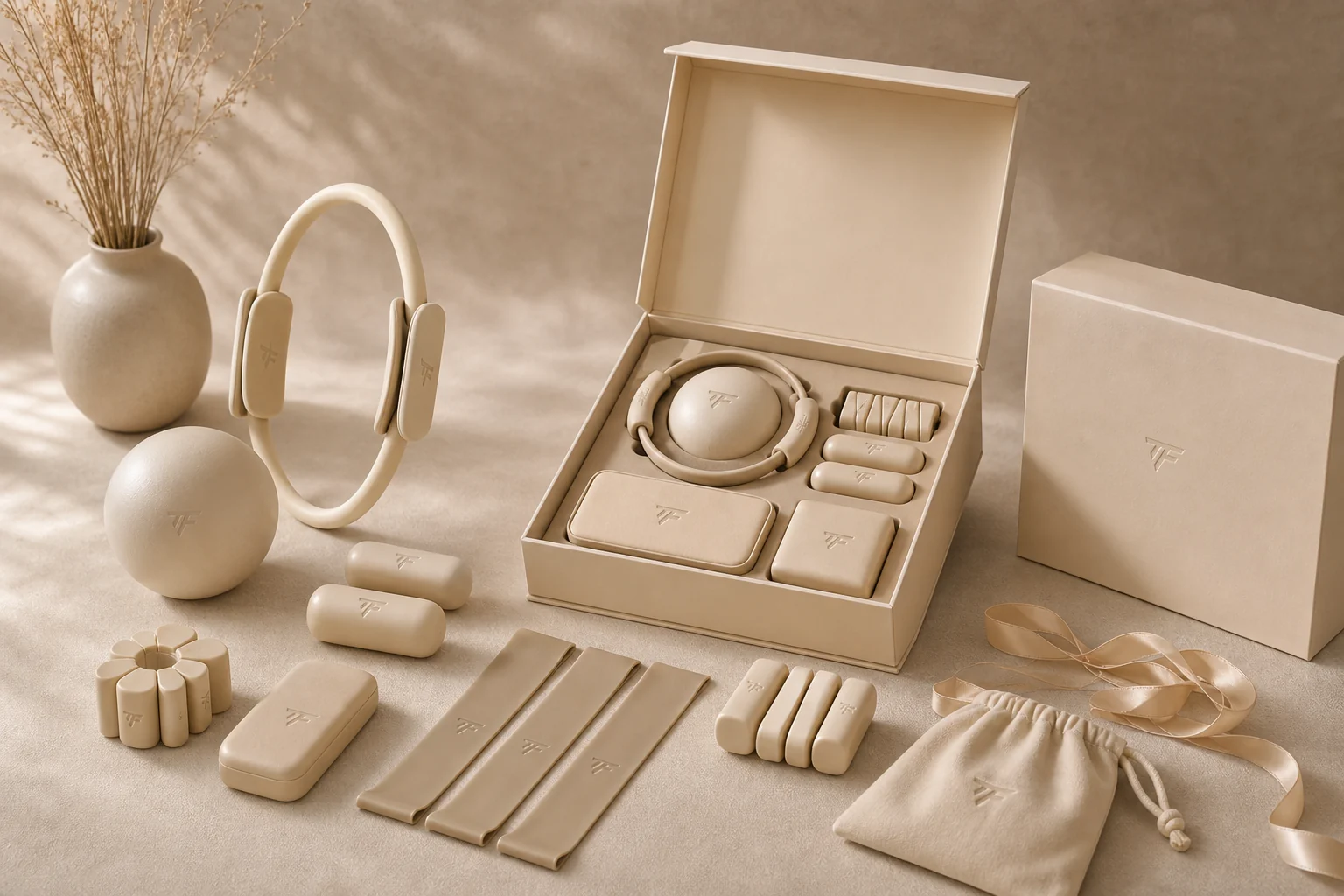 Coordinated premium fitness products and packaging for a retail-ready set.